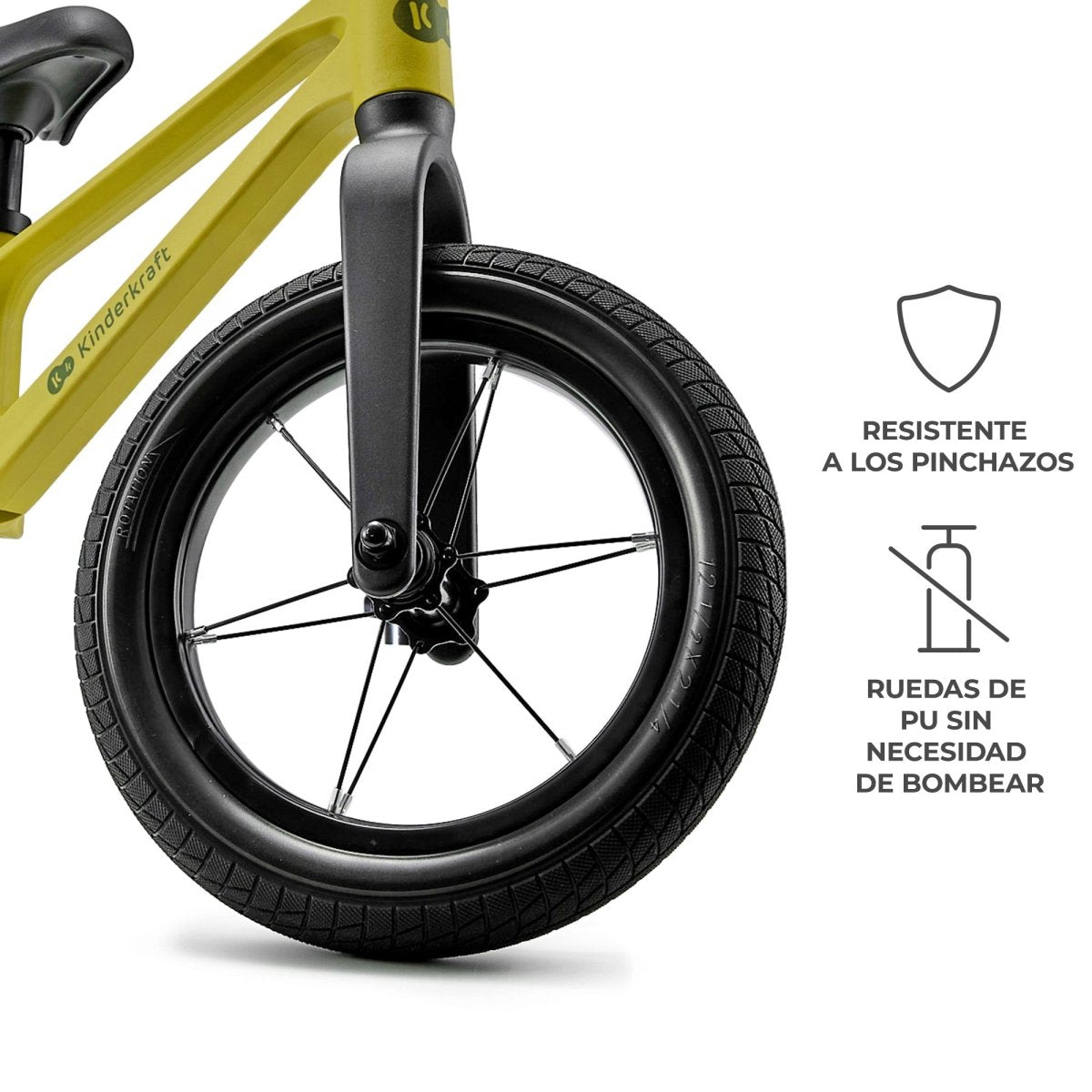 Detalle de ruedas resistente a pinchazos de la bicicleta de balance Eter de Kinderkraft color amarillo lima