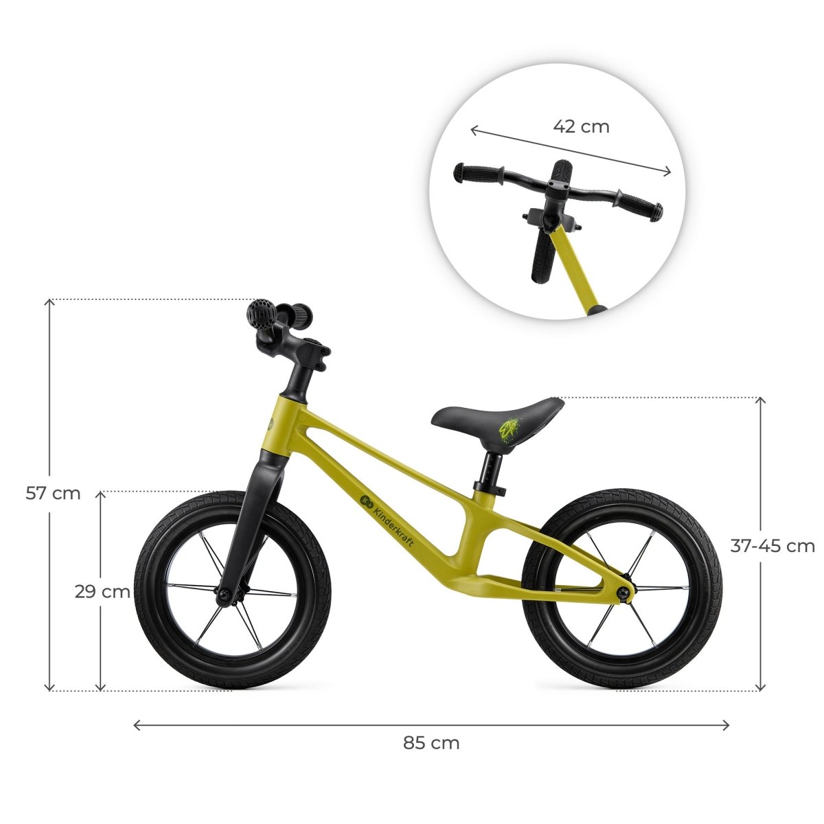 dimensiones de la bicicleta de balance Eter de Kinderkraft color amarillo lima