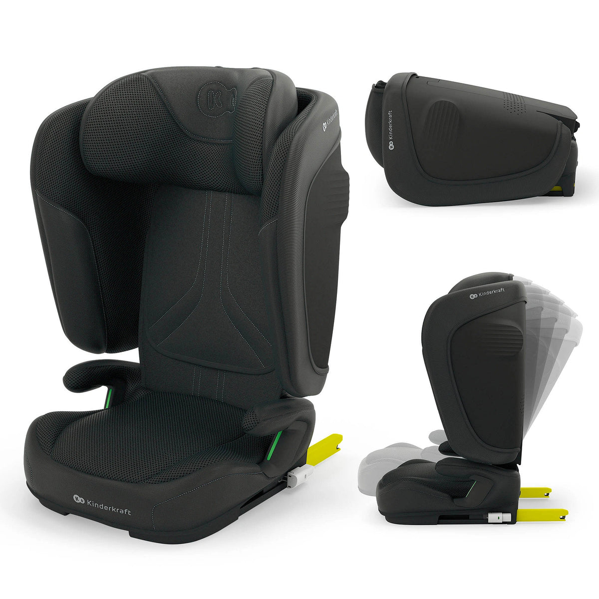 Silla de auto Unity 2 i-Size Kinderkraft, vista trasera en ángulo mostrando la carcasa ventilada y detalle amarillo en la base