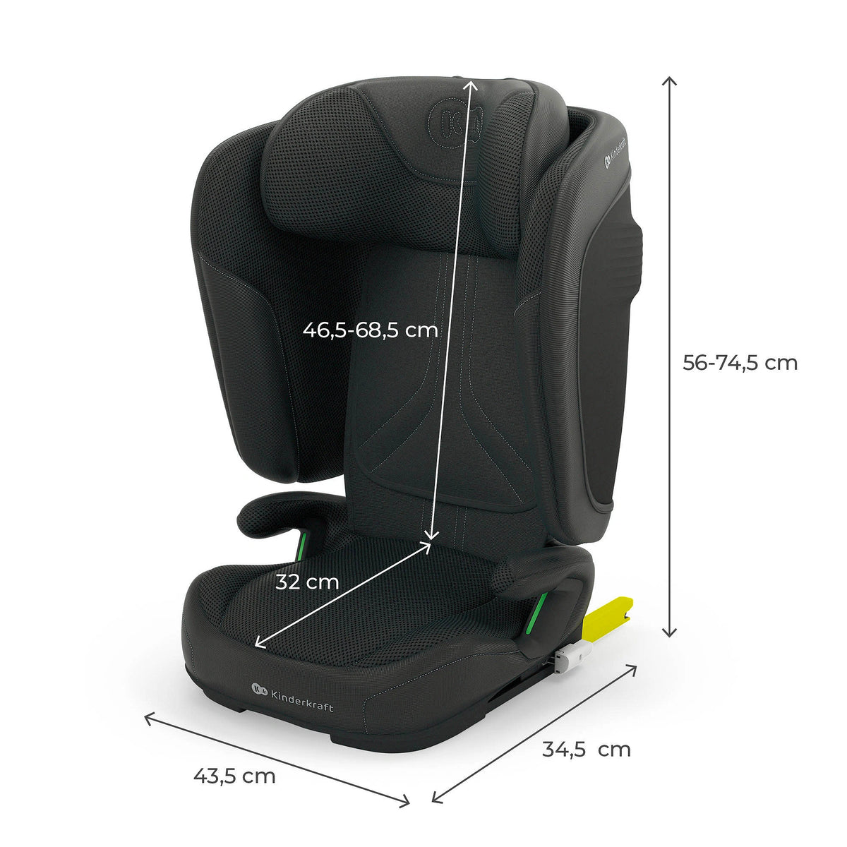 Silla de auto Unity 2 i-Size Kinderkraft color negro, vista lateral en posición reclinada con los conectores isofix amarillos extendidos