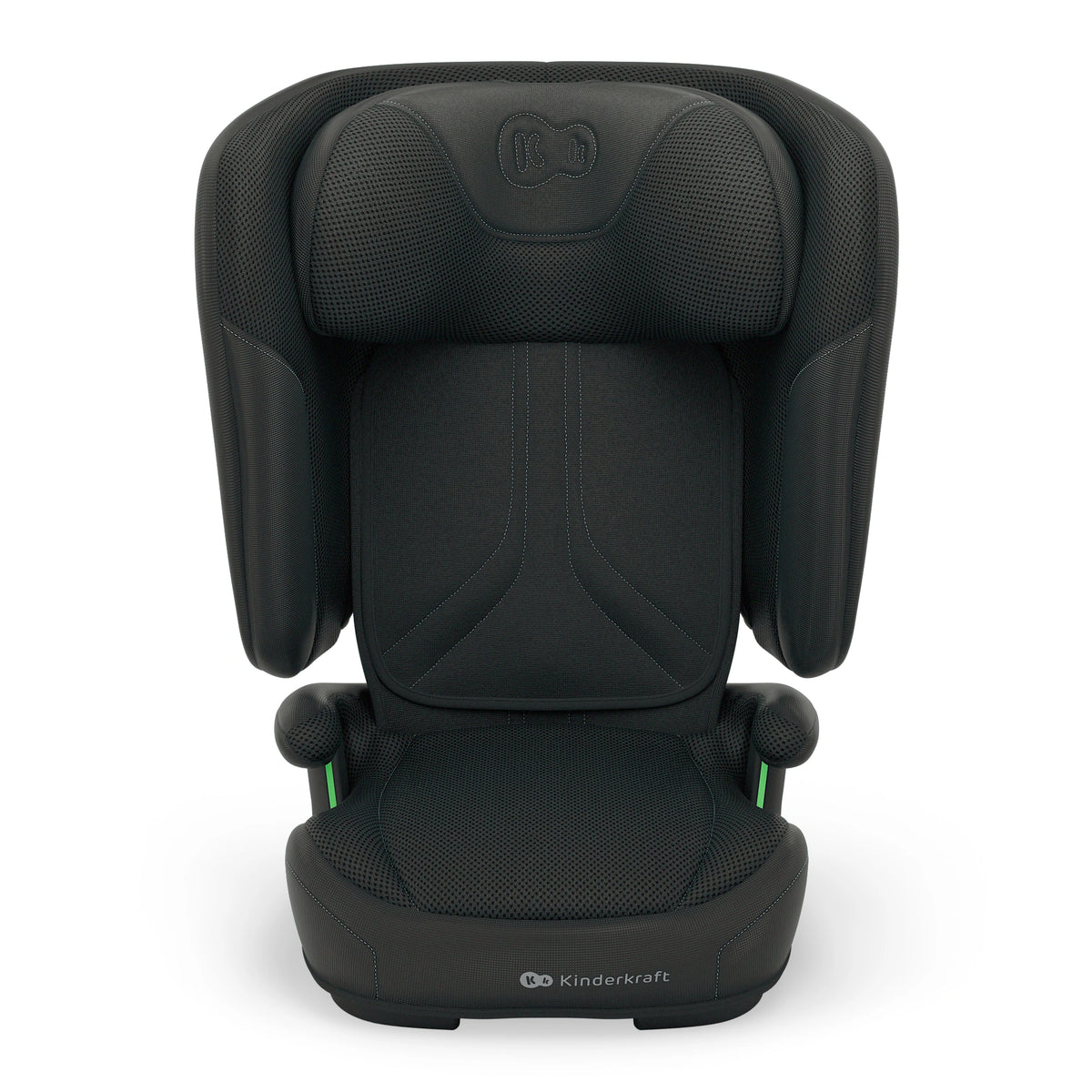 Niña rubia sentada en la silla de auto Unity 2 i-Size Kinderkraft color verde azulado, con el cinturón de seguridad del vehículo abrochado