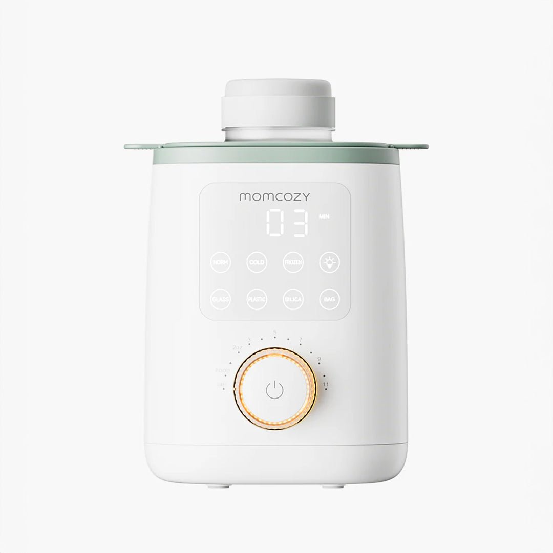 Calentador de mamaderas Nutrismart 9 en 1, vista frontal con pantalla LED encendida