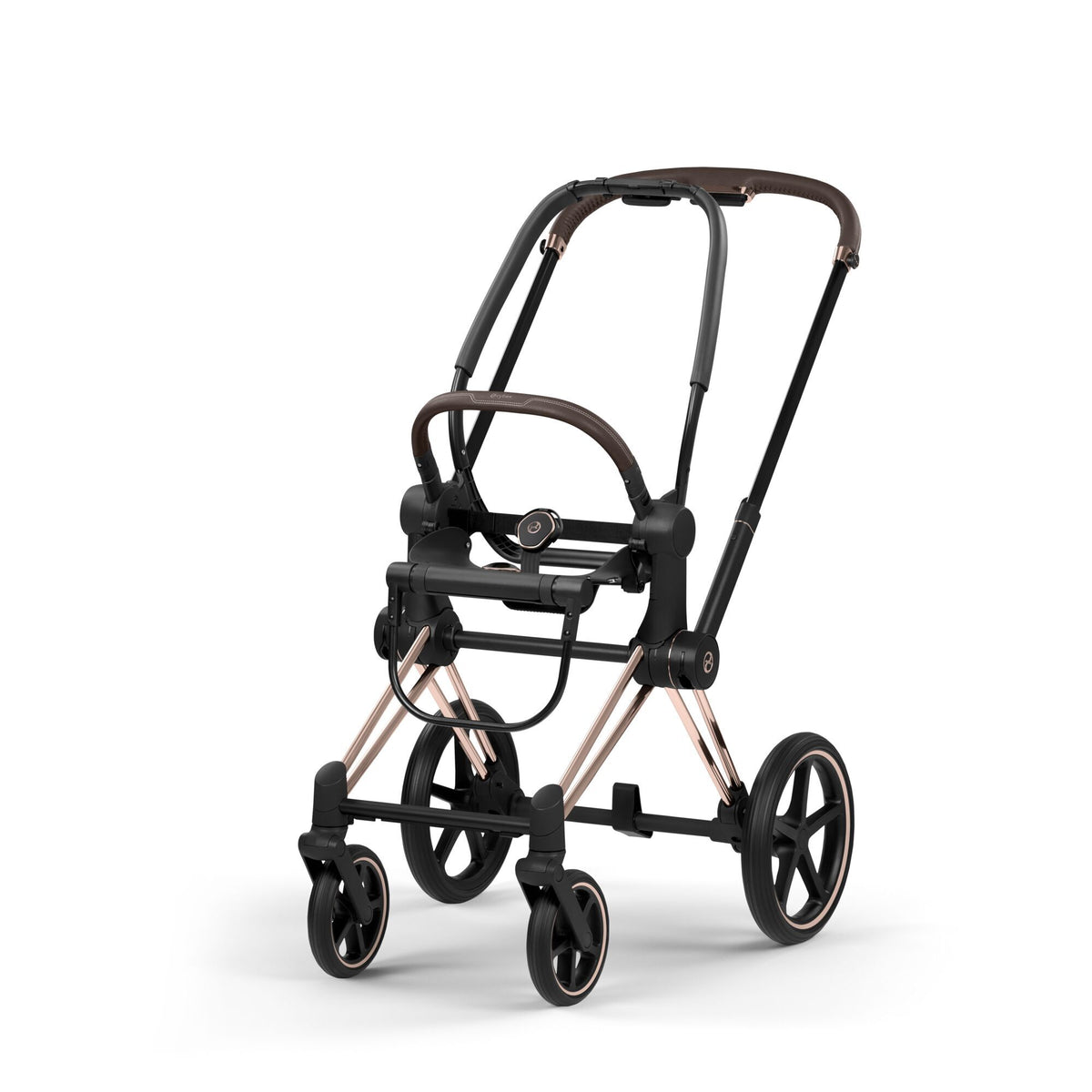 Chasis CYBEX Priam Style Collection 2026 en color Rosegold, vista lateral con ruedas
