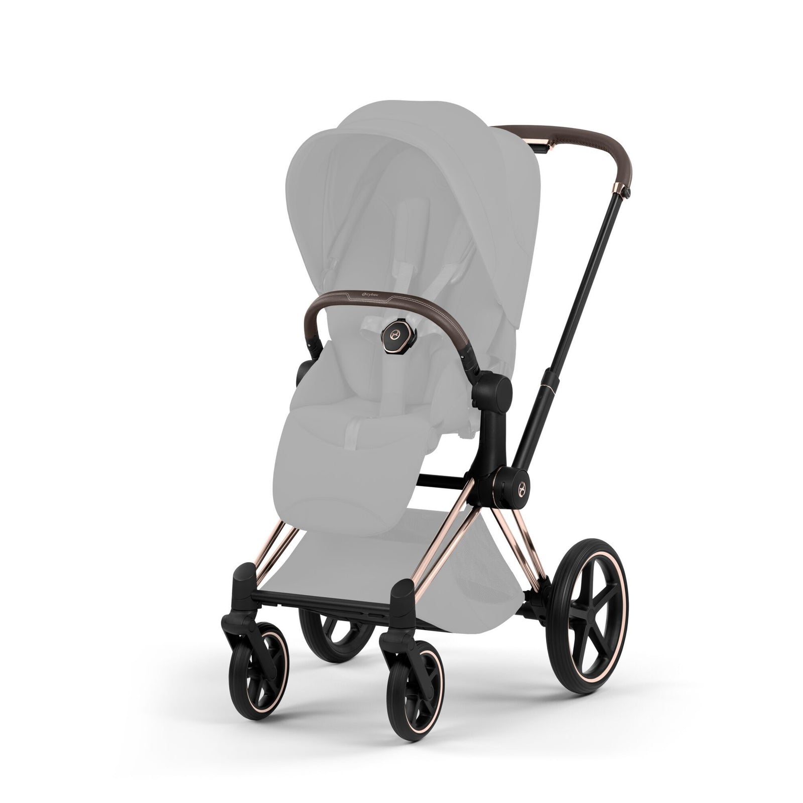 Chasis CYBEX Priam Style Collection 2026 en color Rosegold, vista lateral con ruedas