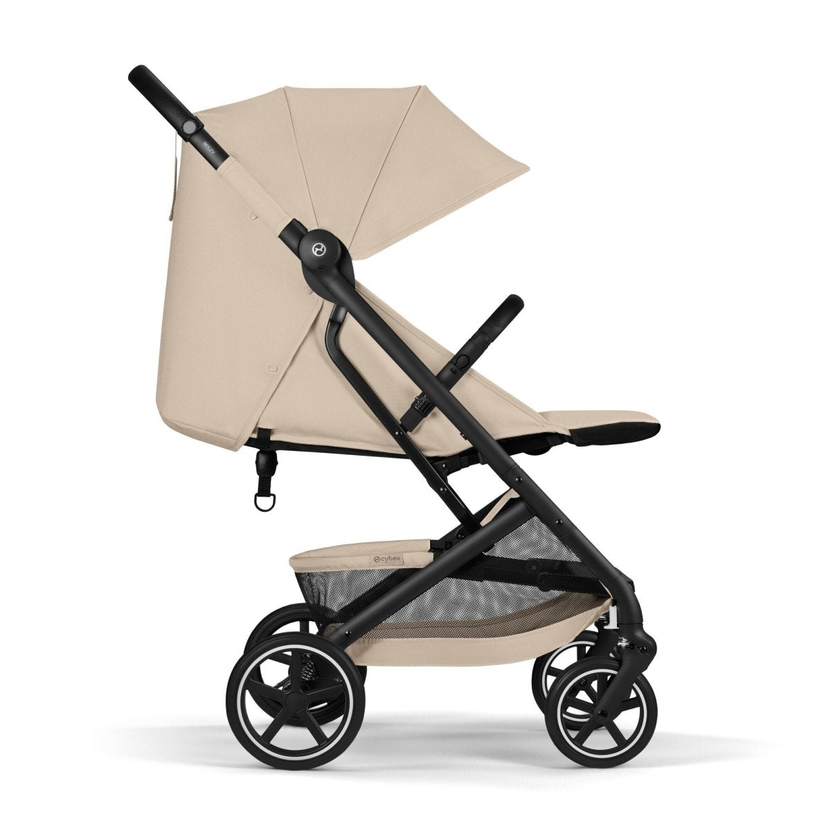 Coche de paseo Beezy 2026 de Cybex color Almond Beige, vista lateral con asiento reclinado en su totalidad