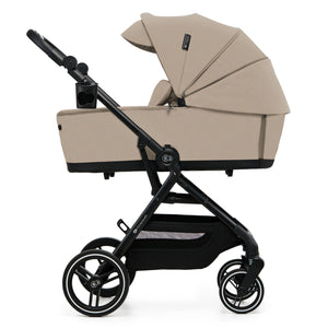 Coche cuna Yoxi 2 en 1 Kinderkraft color beige, ficha técnica con las medidas en modo moisés, plegado y en modo silla de paseo