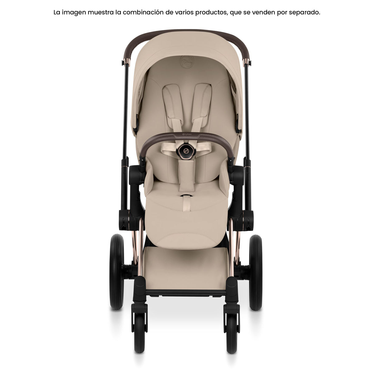 Pack Asiento CYBEX Priam Style Collection 2026 Cozy Beige con chasis Rosegold, vista frontal