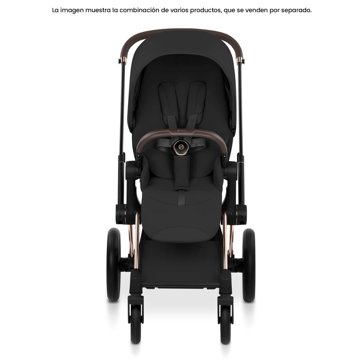 Pack Asiento CYBEX Priam Style Collection 2026 Sepia Black con chasis Rosegold, vista frontal