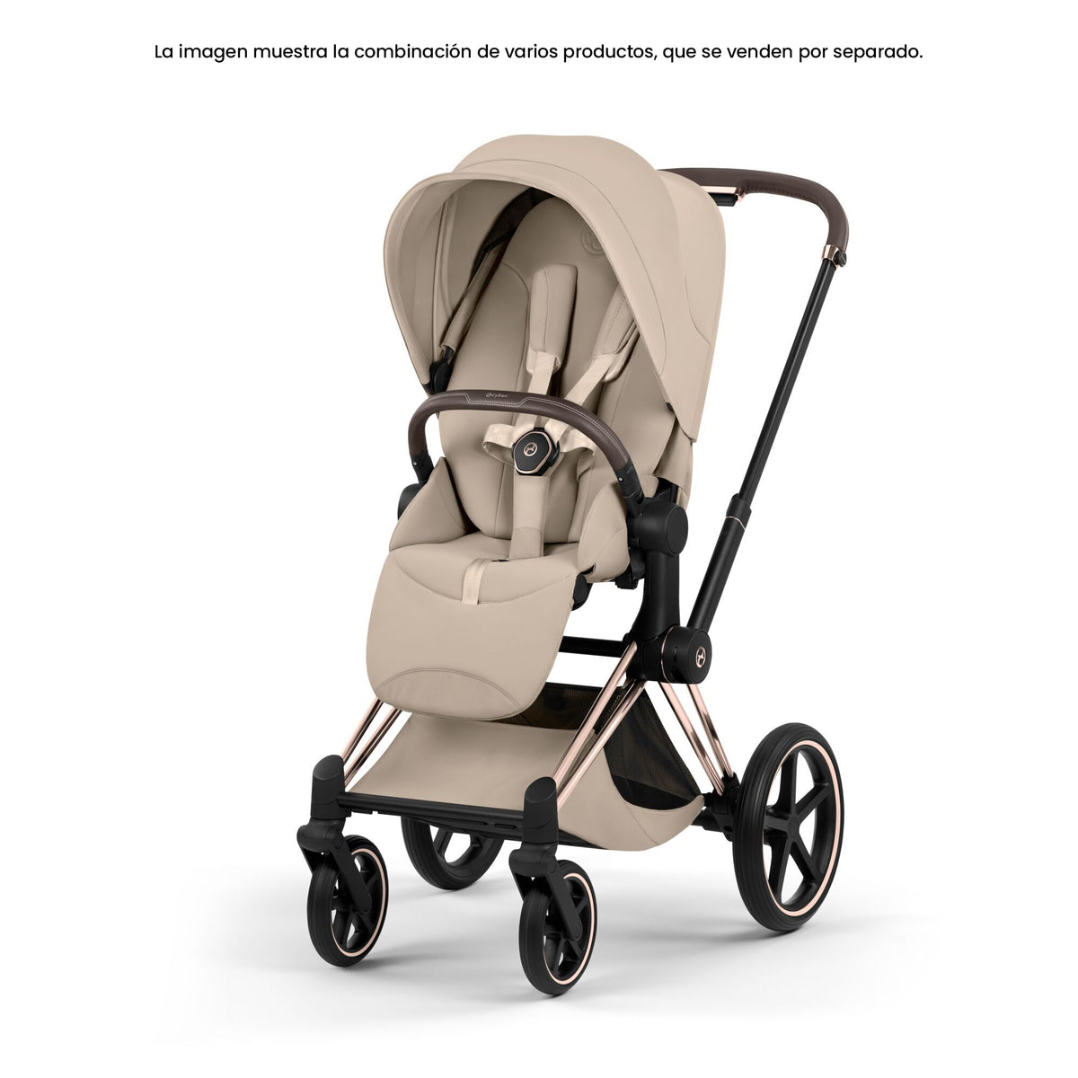 Pack Asiento CYBEX Priam Style Collection 2026 color Cozy Beige con chasis Rosegold, vista en ángulo