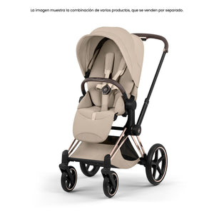 Pack Asiento CYBEX Priam Style Collection 2026 color Cozy Beige con chasis Rosegold, vista en ángulo