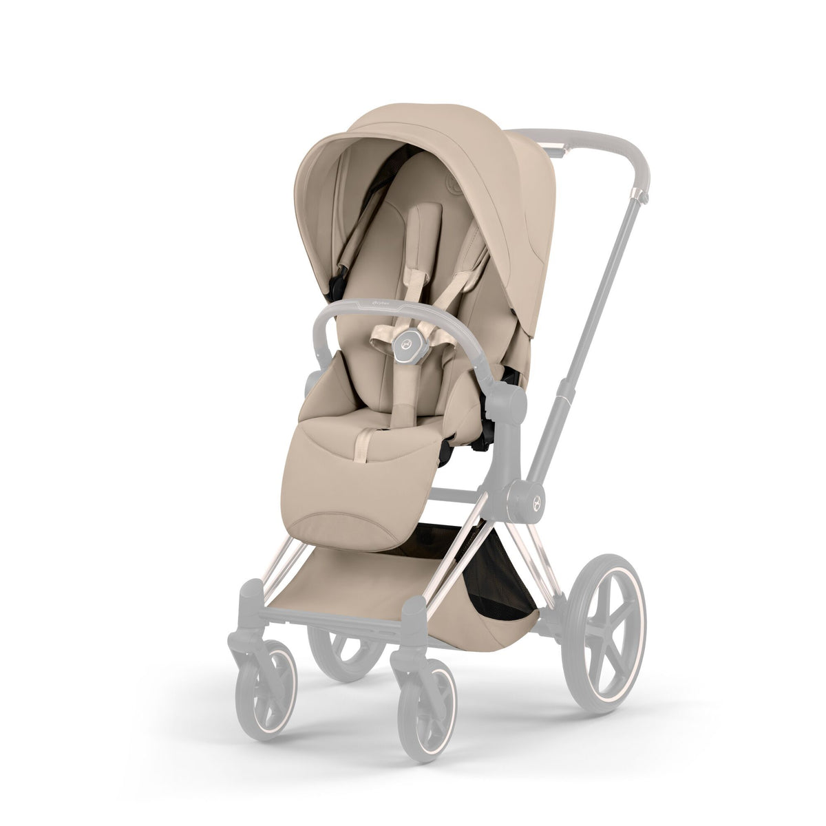 Pack Asiento CYBEX Priam Style Collection 2026 Cozy Beige con chasis Rosegold, vista lateral