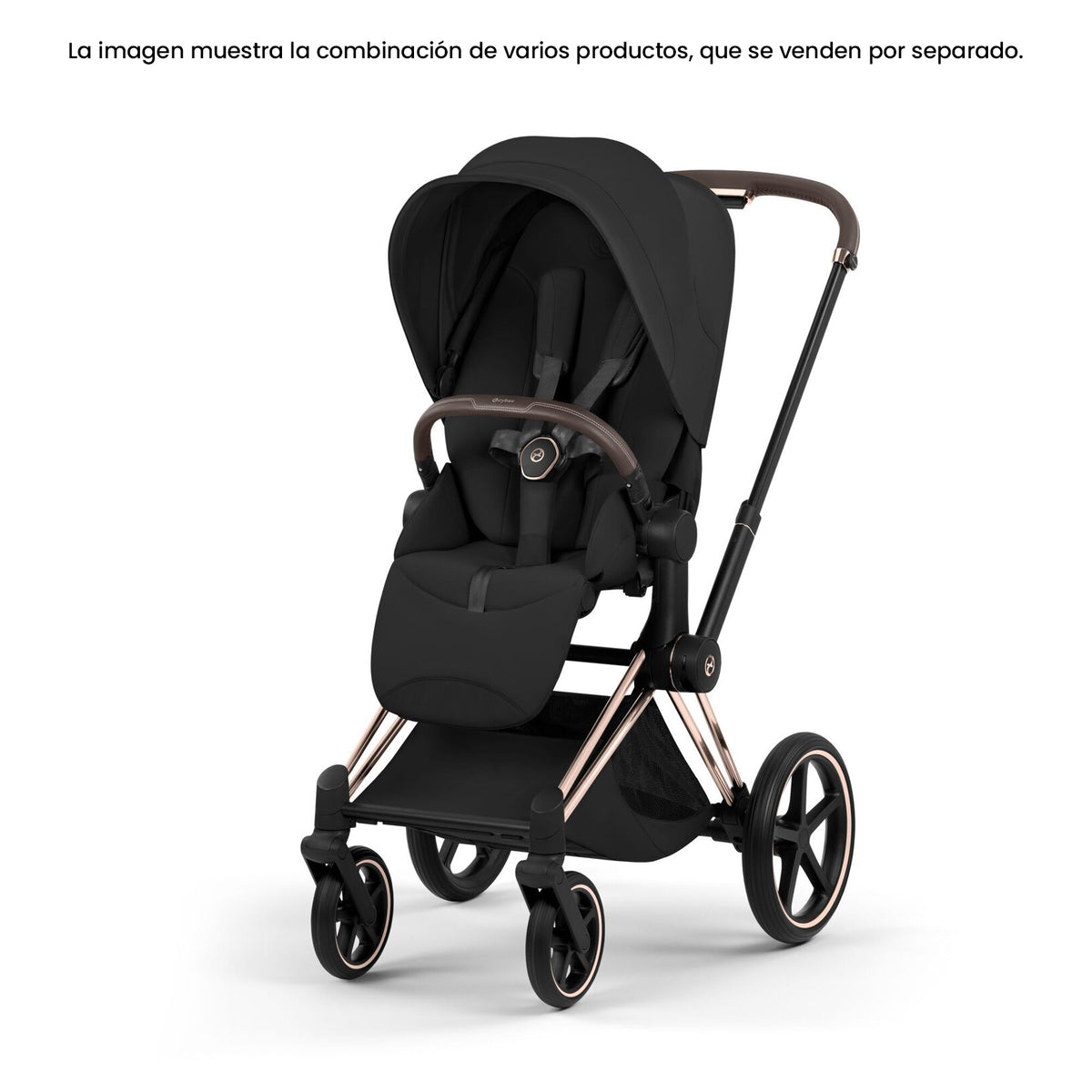 Pack Asiento CYBEX Priam Style Collection 2026 color Sepia Black con chasis Rosegold, vista en ángulo