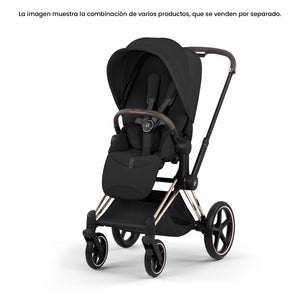 Pack Asiento CYBEX Priam Style Collection 2026 color Sepia Black con chasis Rosegold, vista en ángulo
