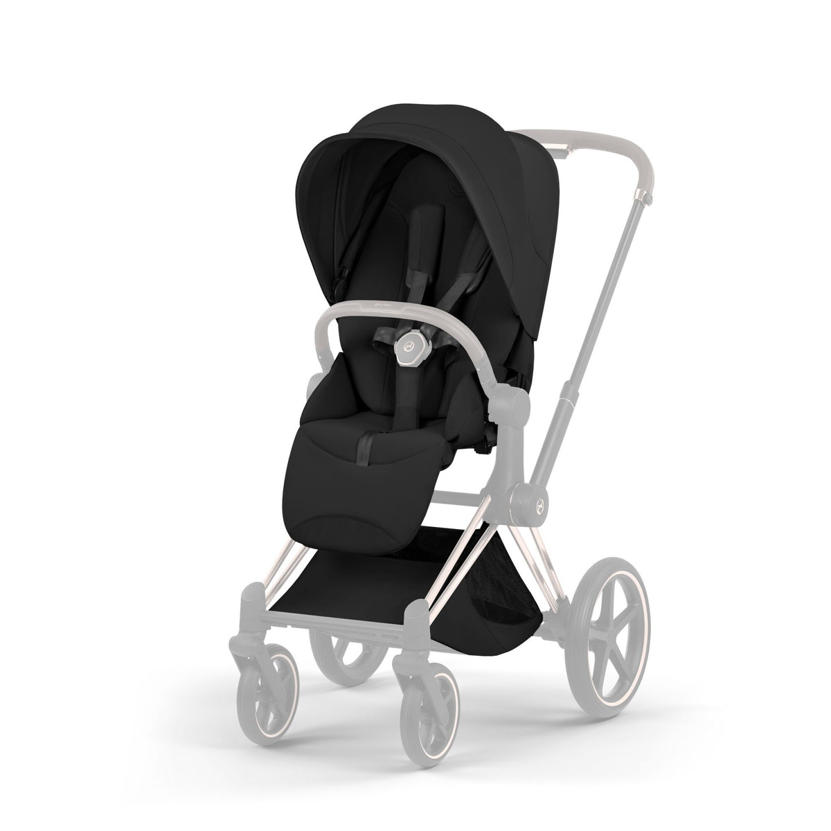 Pack Asiento CYBEX Priam Style Collection 2026 Sepia Black con chasis Rosegold, vista lateral