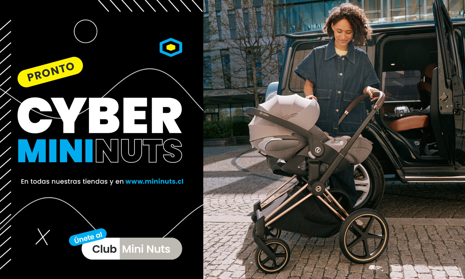 mujer junto a coche de paseo con silla de auto nido travel system cybex pronto cyber mininuts en todas nuestras tiendas y en www.mininuts.cl
