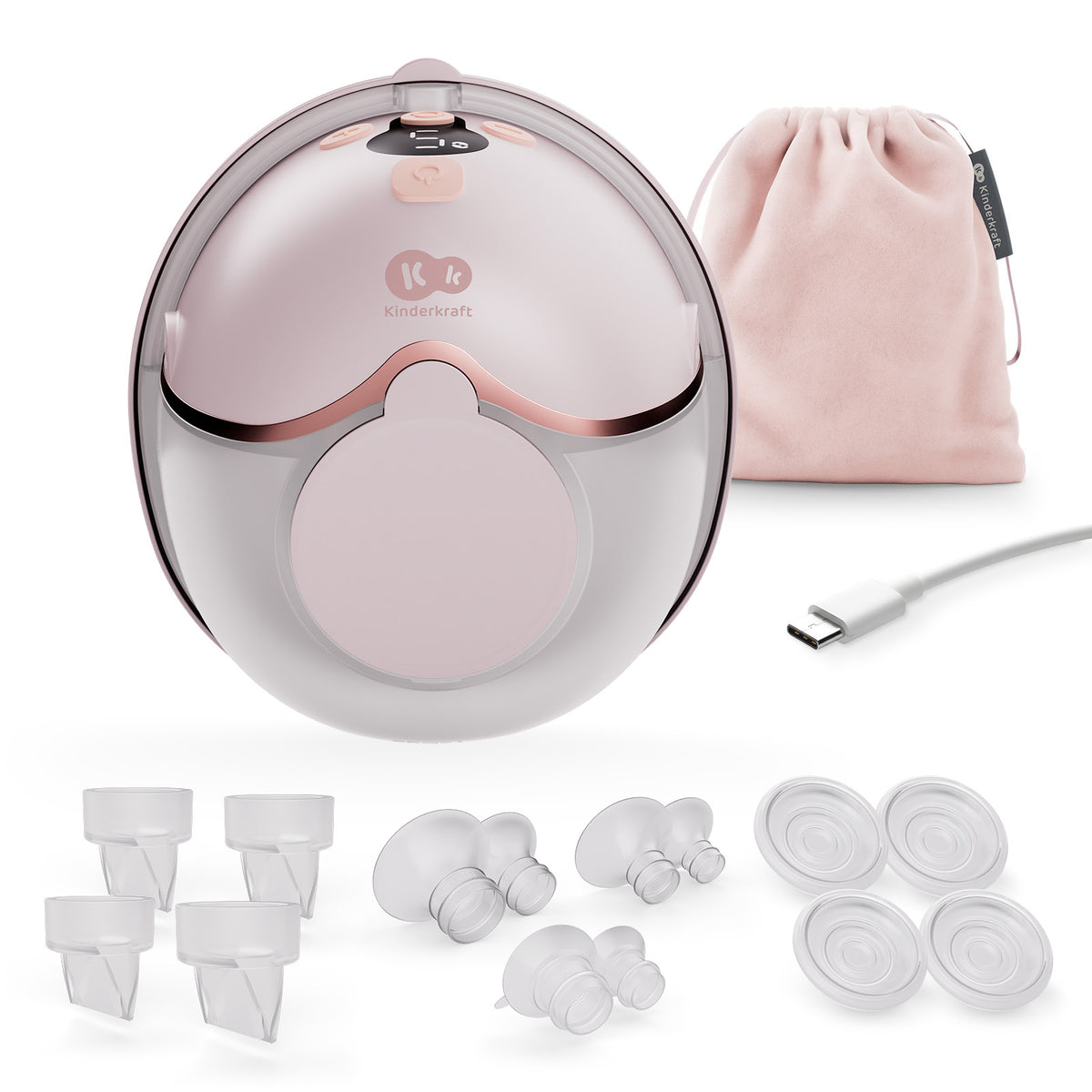 Extractor de leche inalámbrico Mamaflow Kinderkraft color rosado con todo lo que incluye: bridas, válvulas, membranas, cable USB-C y bolsa