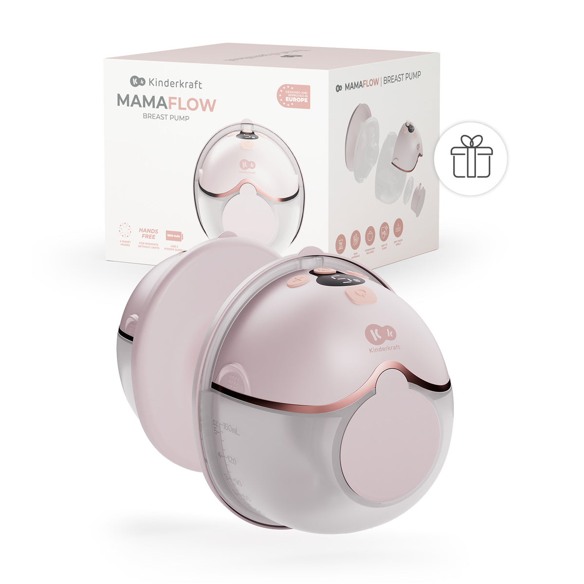 Caja del extractor de leche inalámbrico Mamaflow Kinderkraft color rosado junto al extractor