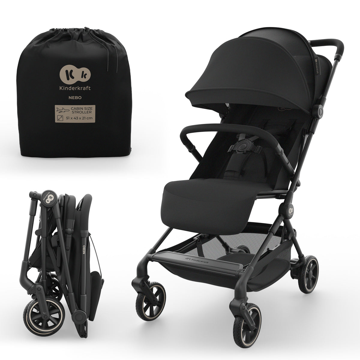Coche de paseo de cabina Nebo Kinderkraft color negro, abierto junto a su bolsa de transporte y plegado