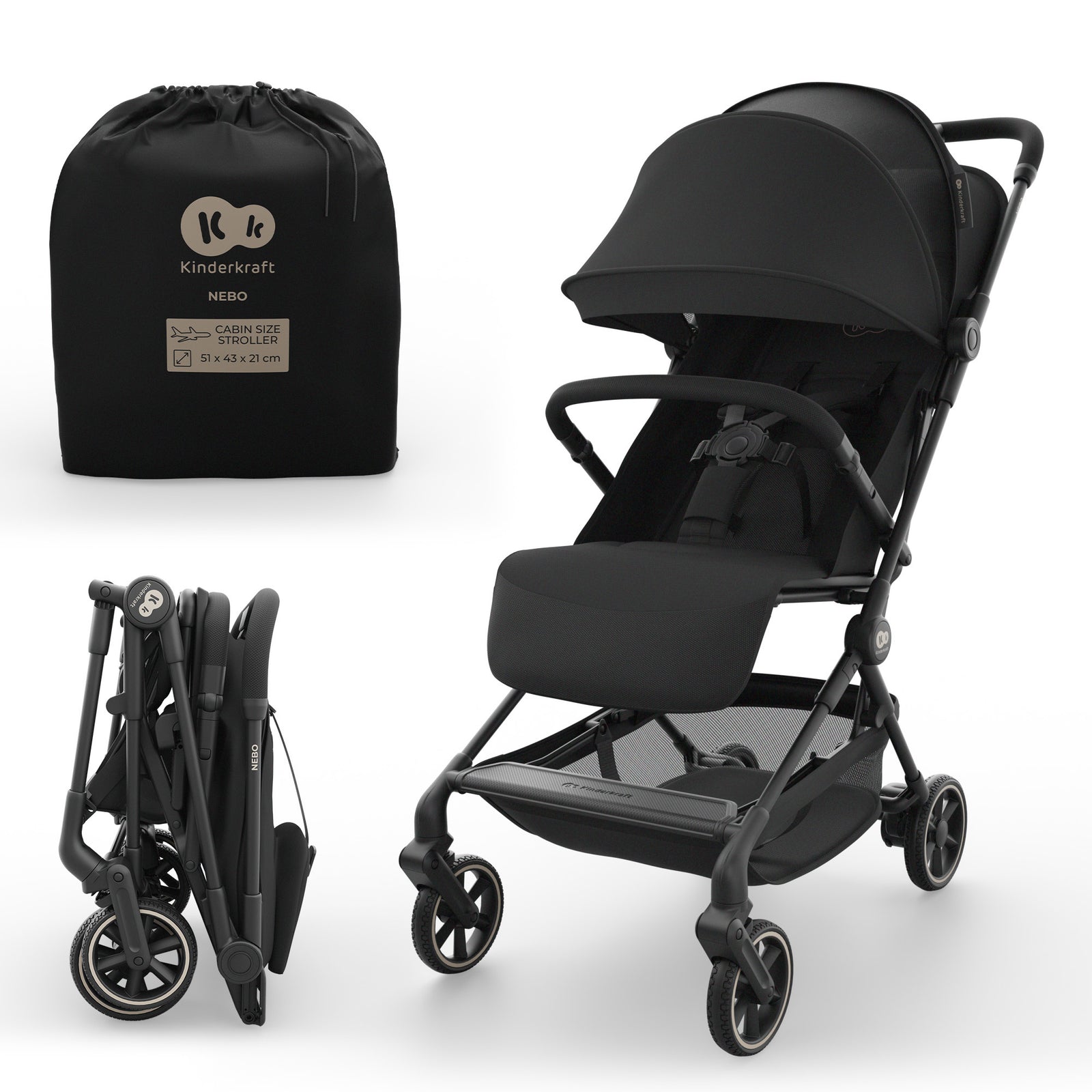 Coche de paseo de cabina Nebo Kinderkraft color beige, abierto junto a su bolsa de transporte y plegado