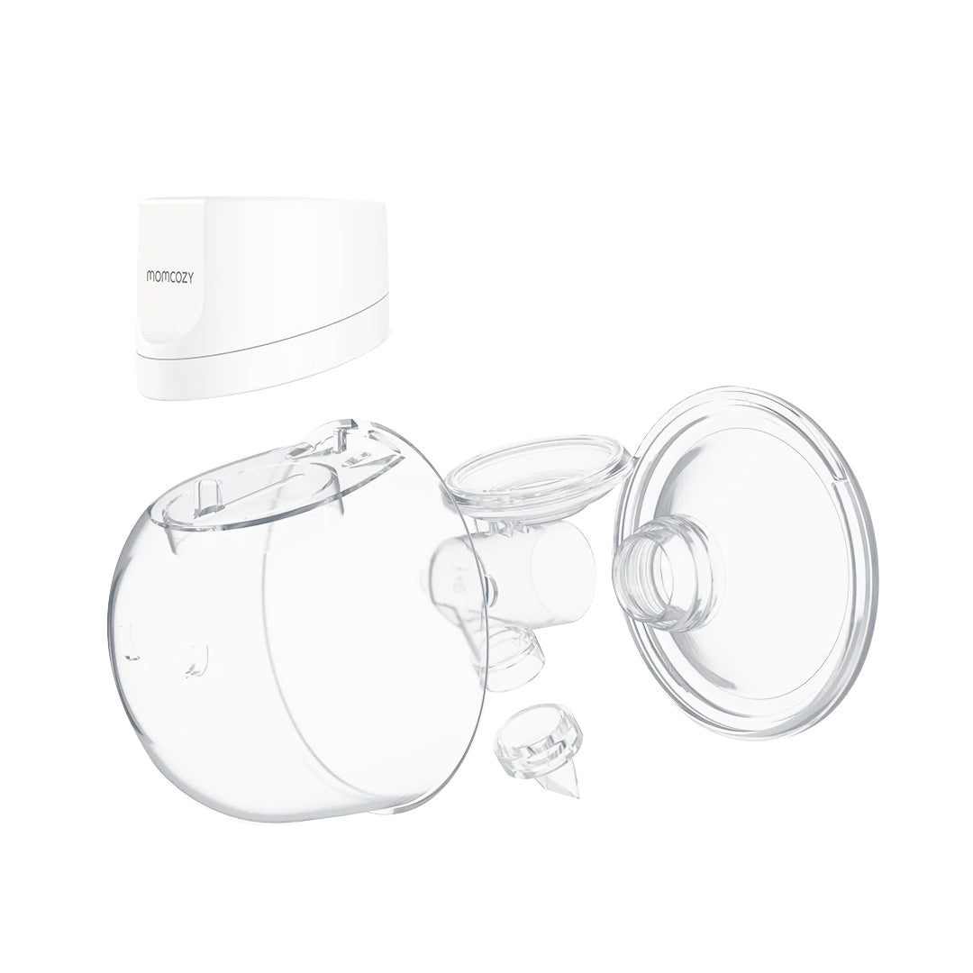 Extractor de leche materna S12 Pro Momcozy, vista despiezada con todas las piezas: unidad motora, copa, válvula y conector