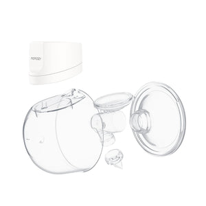 Extractor de leche materna S12 Pro Momcozy, vista despiezada con todas las piezas: unidad motora, copa, válvula y conector