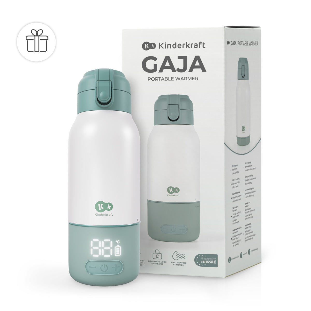Caja del termo calentador de leche portátil Gaja Kinderkraft verde junto al producto