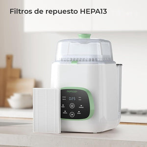 Filtro de repuesto HEPA13 junto al lavabiberones y esterilizador Momcozy KleanPal Pro sobre un mesón de cocina