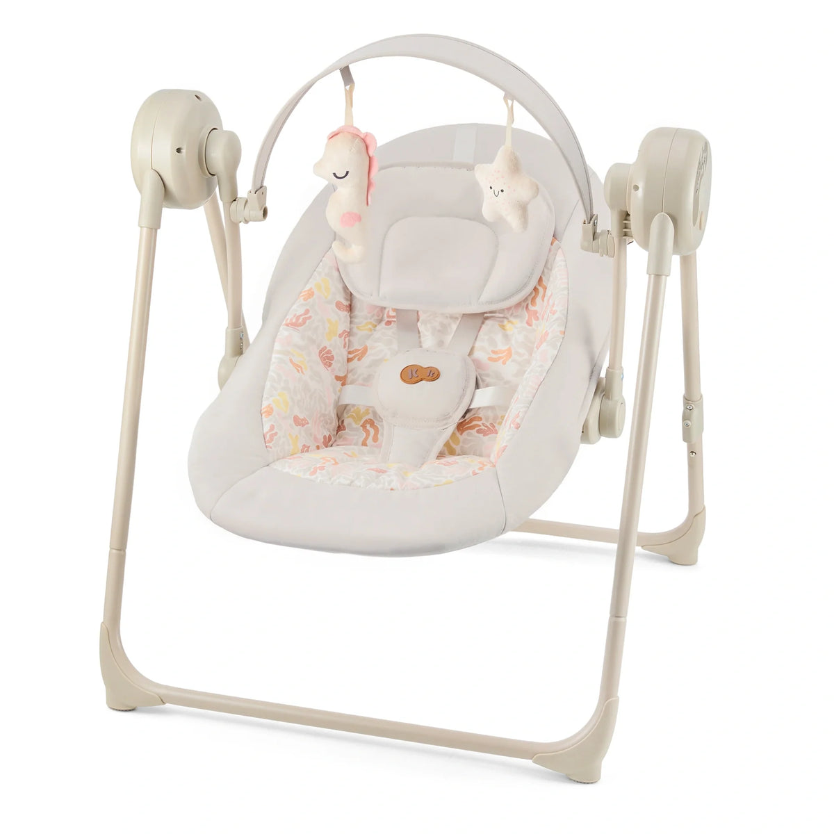 Hamaca eléctrica Swingee Kinderkraft color beige, vista frontal con bebé