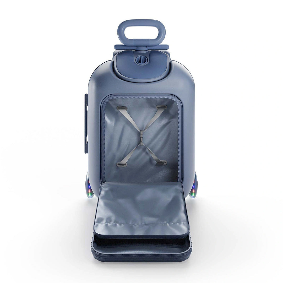 Maleta infantil 2 en 1 con asiento Cabby de Kinderkraft color Azul, vista trasera abierta mostrando el arnés interior y bolsillo