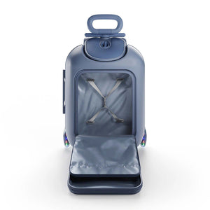 Maleta infantil 2 en 1 con asiento Cabby de Kinderkraft color Azul, vista trasera abierta mostrando el arnés interior y bolsillo
