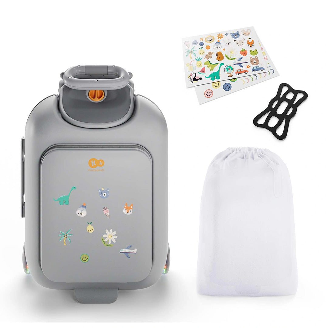 Maleta infantil 2 en 1 con asiento Cabby de Kinderkraft color Gris, detalle de las ruedas con luces LED