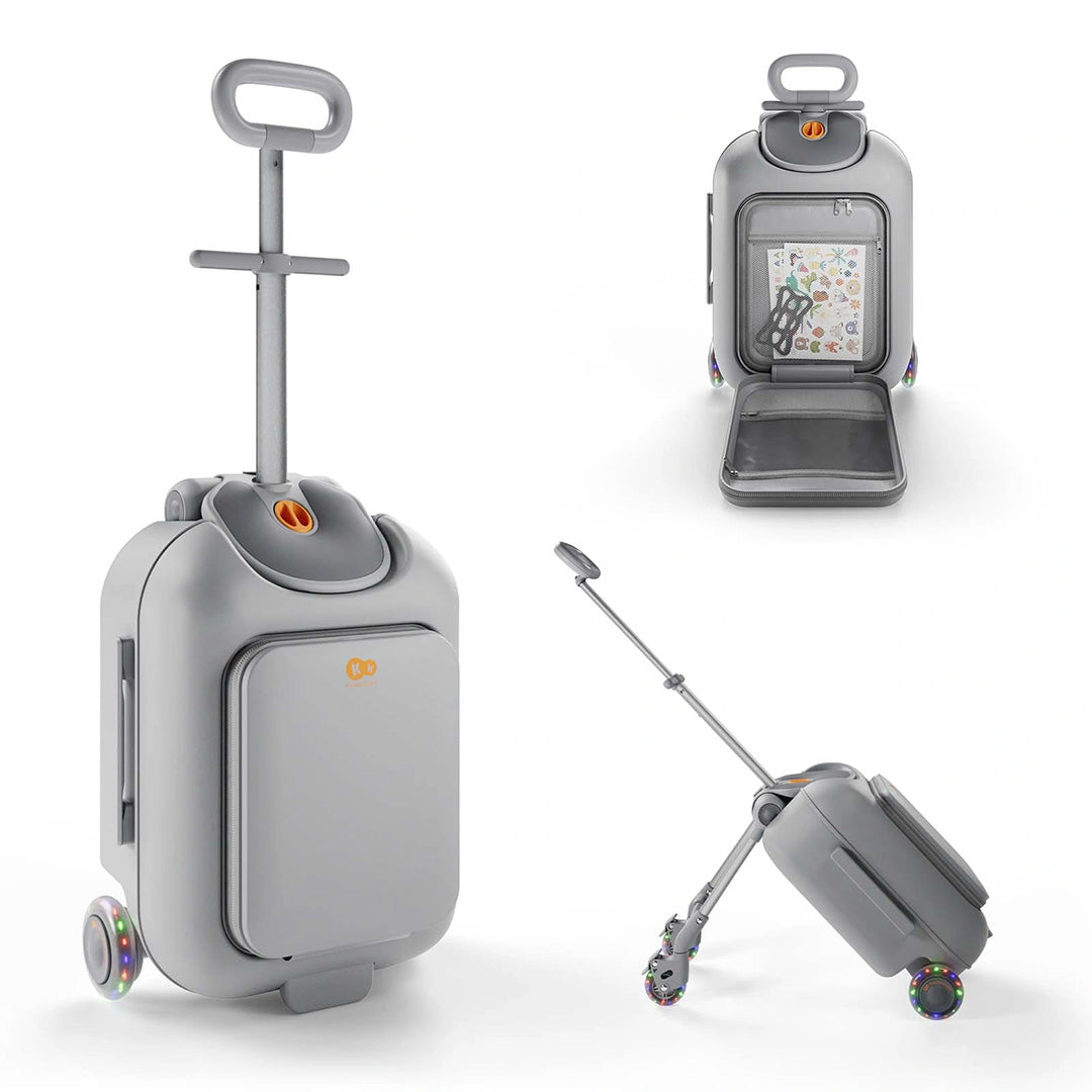 Maleta infantil 2 en 1 con asiento Cabby de Kinderkraft color Gris, vistas frontal, trasera y plegada