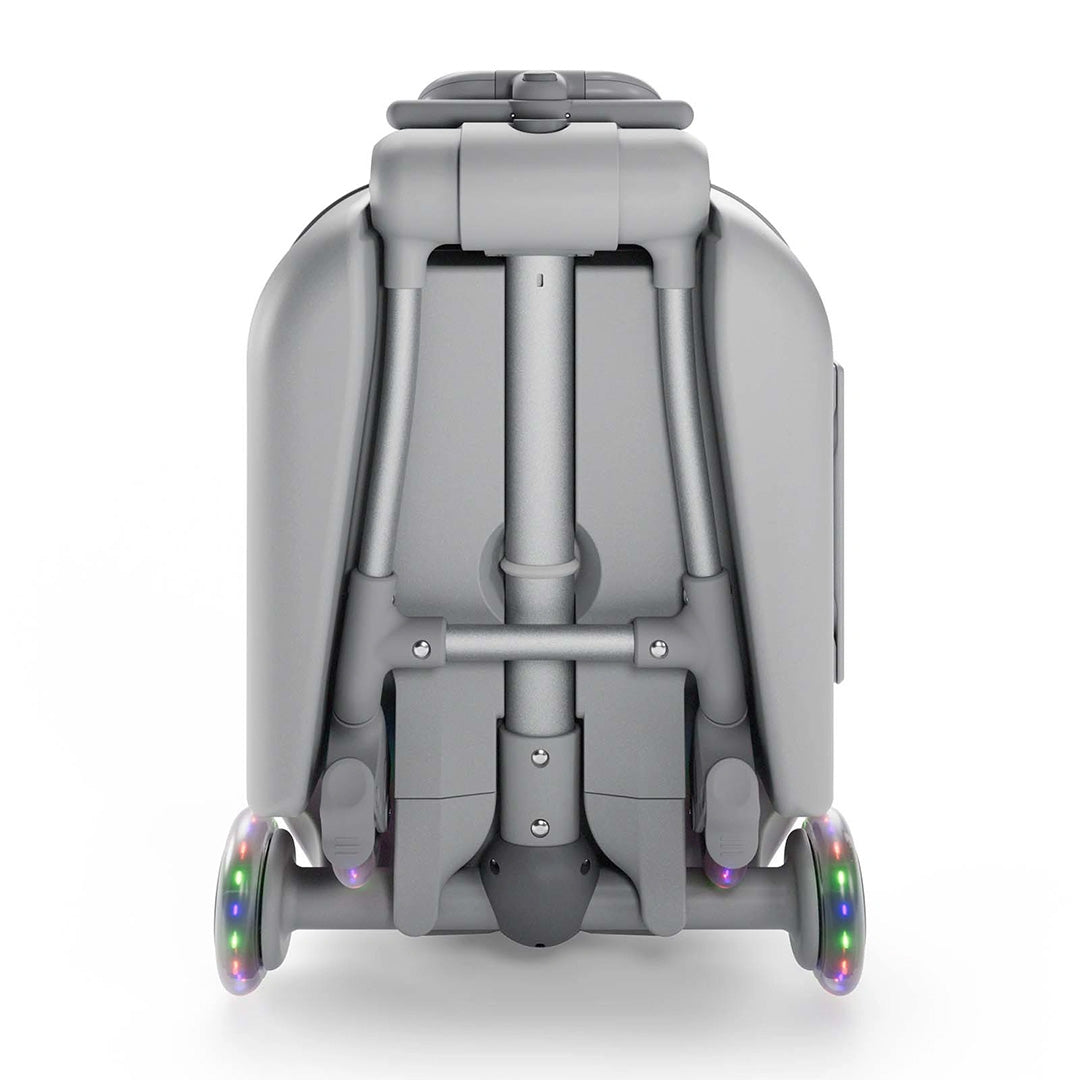 Maleta infantil 2 en 1 con asiento Cabby de Kinderkraft color Gris, vista trasera abierta mostrando el arnés interior y bolsillo