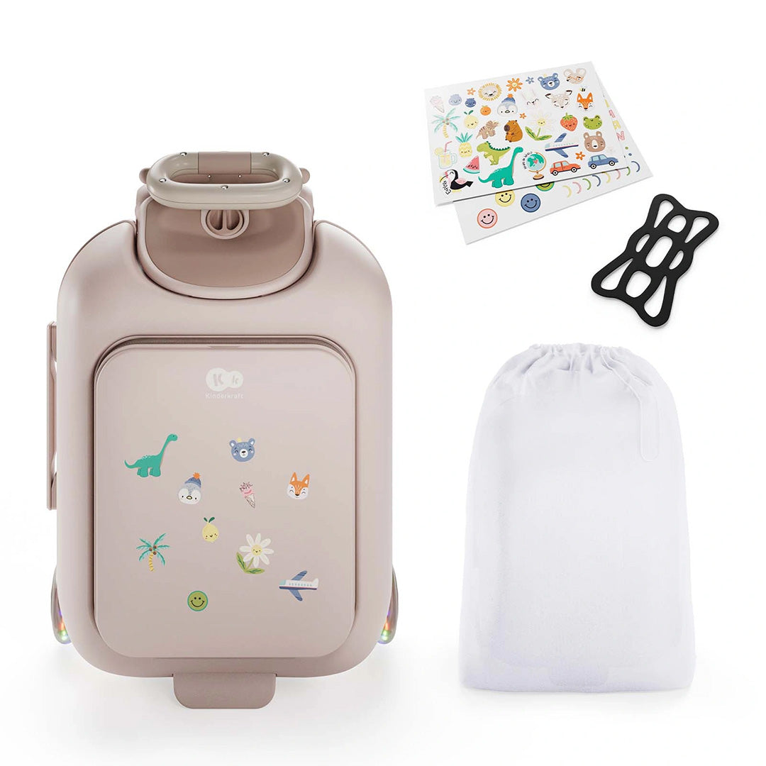 Maleta infantil 2 en 1 con asiento Cabby de Kinderkraft color Rosa, detalle de las ruedas con luces LED