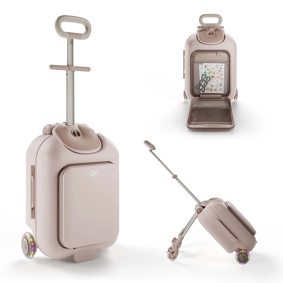 Maleta infantil 2 en 1 con asiento Cabby de Kinderkraft color Rosa, vistas frontal, trasera y plegada