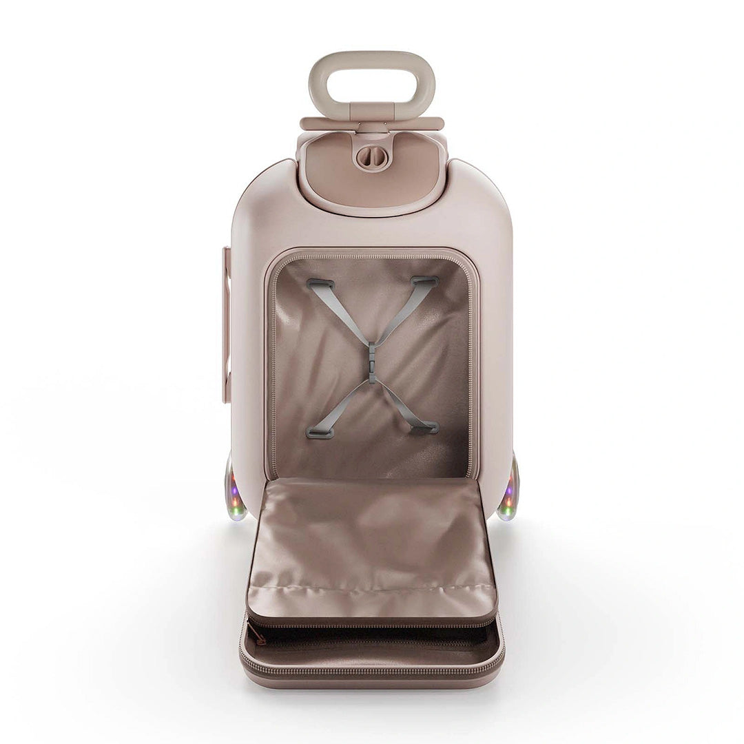 Maleta infantil 2 en 1 con asiento Cabby de Kinderkraft color Rosa, vista trasera abierta mostrando el arnés interior y bolsillo