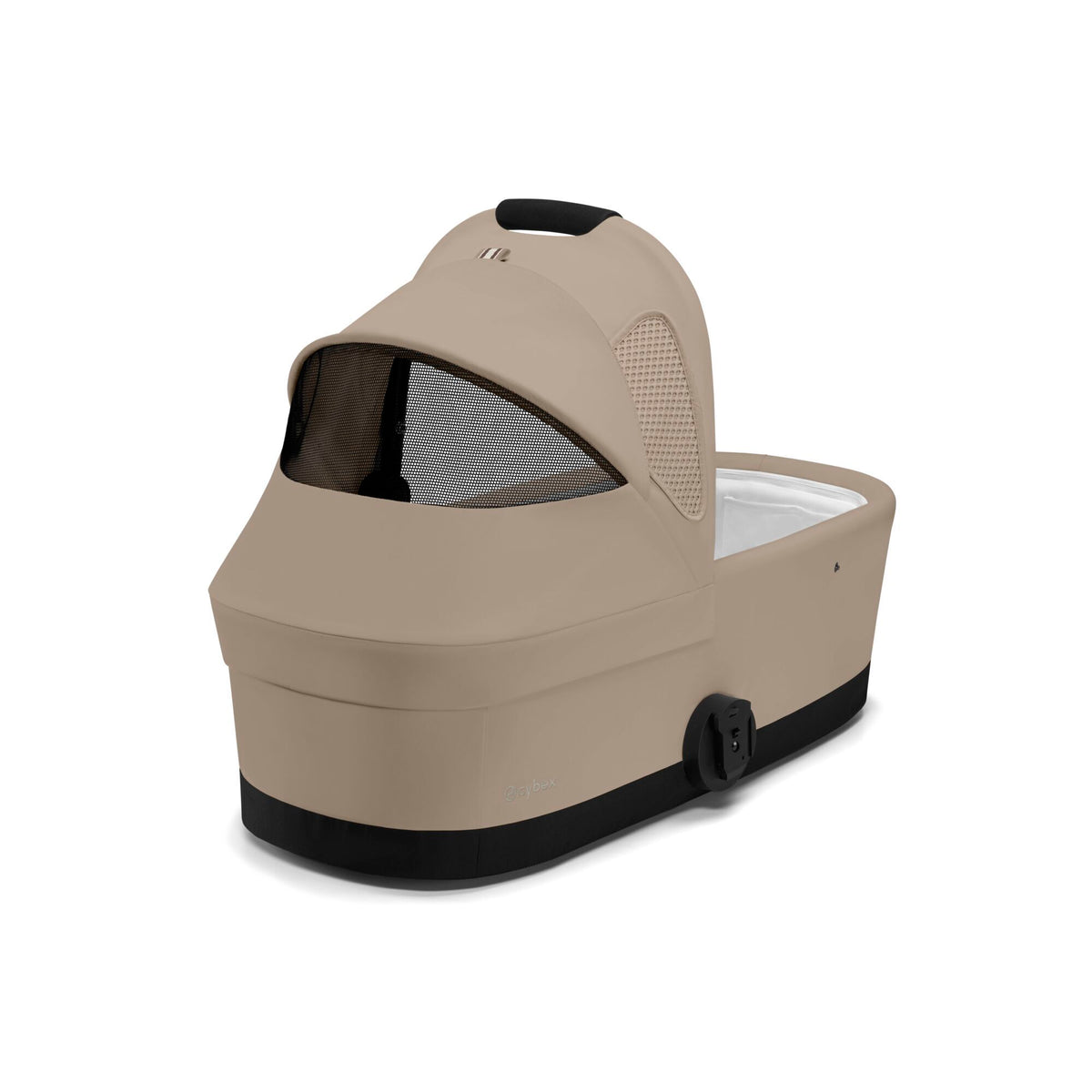 Moisés Cybex Cot S color Almond Beige — vista en ángulo con capota extendida y ventana de malla visible