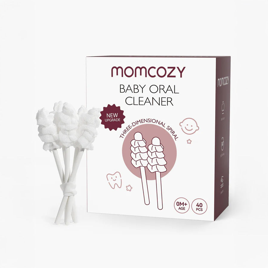 Limpiador de lengua bebé Momcozy — caja Baby Oral Cleaner con diseño espiral 3D, 40 unidades desde 0 meses