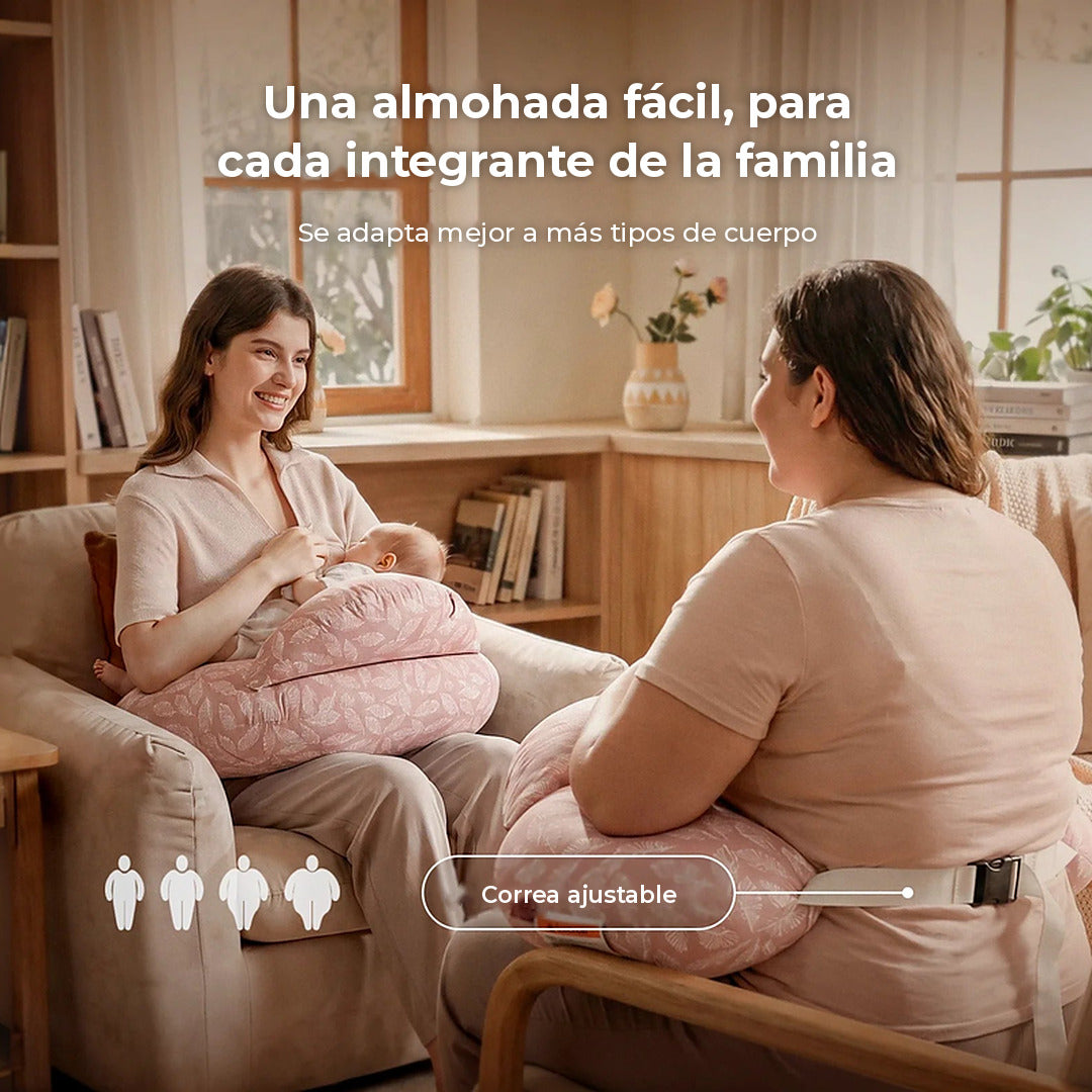 Cojín de lactancia NP008 Momcozy rosa claro con cinturón, pensado para cada integrante de la familia