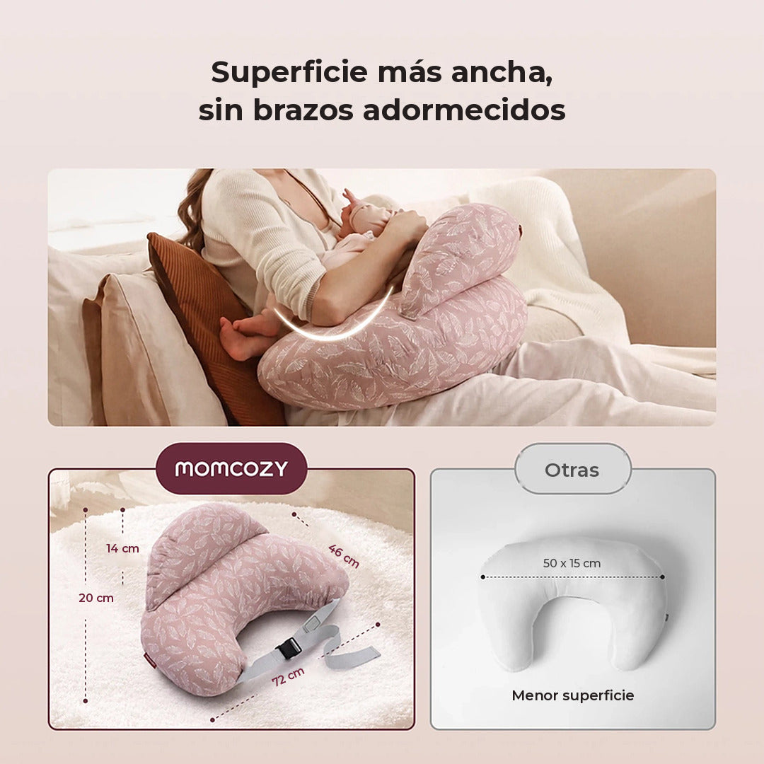 Medidas y superficie más ancha del cojín de lactancia NP008 de Momcozy rosa claro para apoyar los brazos