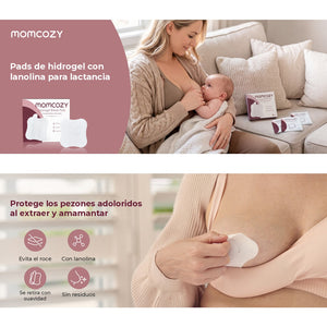 Mamá amamantando a su bebé y mujer poniéndose un pad de hidrogel bajo el sostén
