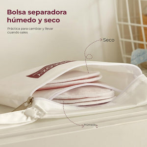 Bolsa separadora húmedo y seco incluida con los pads reutilizables Momcozy