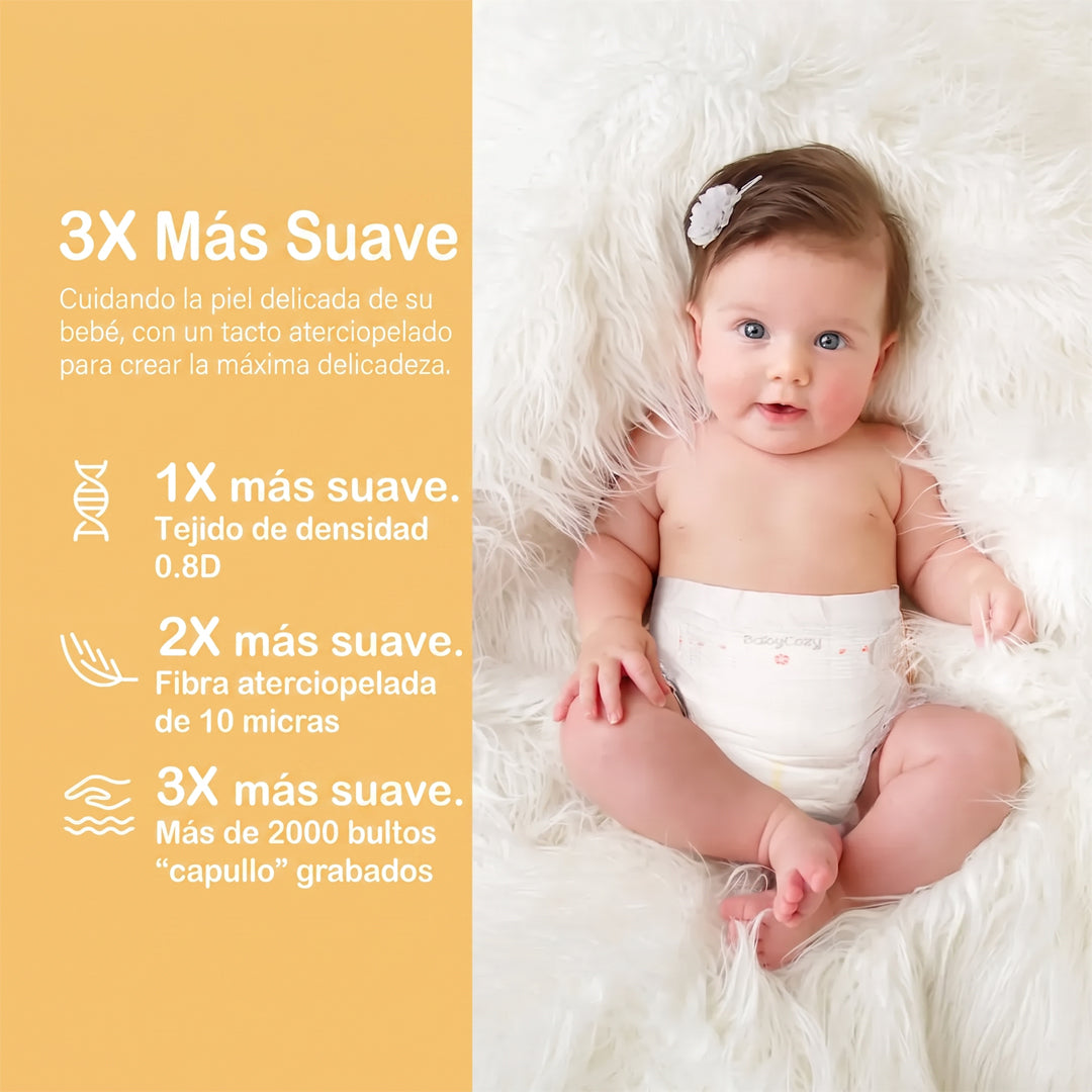 Pañales Babycozy 3X más suaves — forro aterciopelado de 10 micras y 2000 bultos capullo para máxima suavidad en piel de bebé