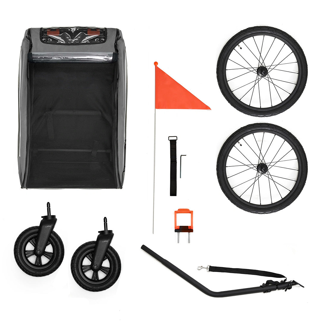 Accesorios incluidos con el Nava Walk 2 en 1 Kinderkraft: bandera de señalización, ruedas de bicicleta, ruedas giratorias para coche de paseo y barra de remolque