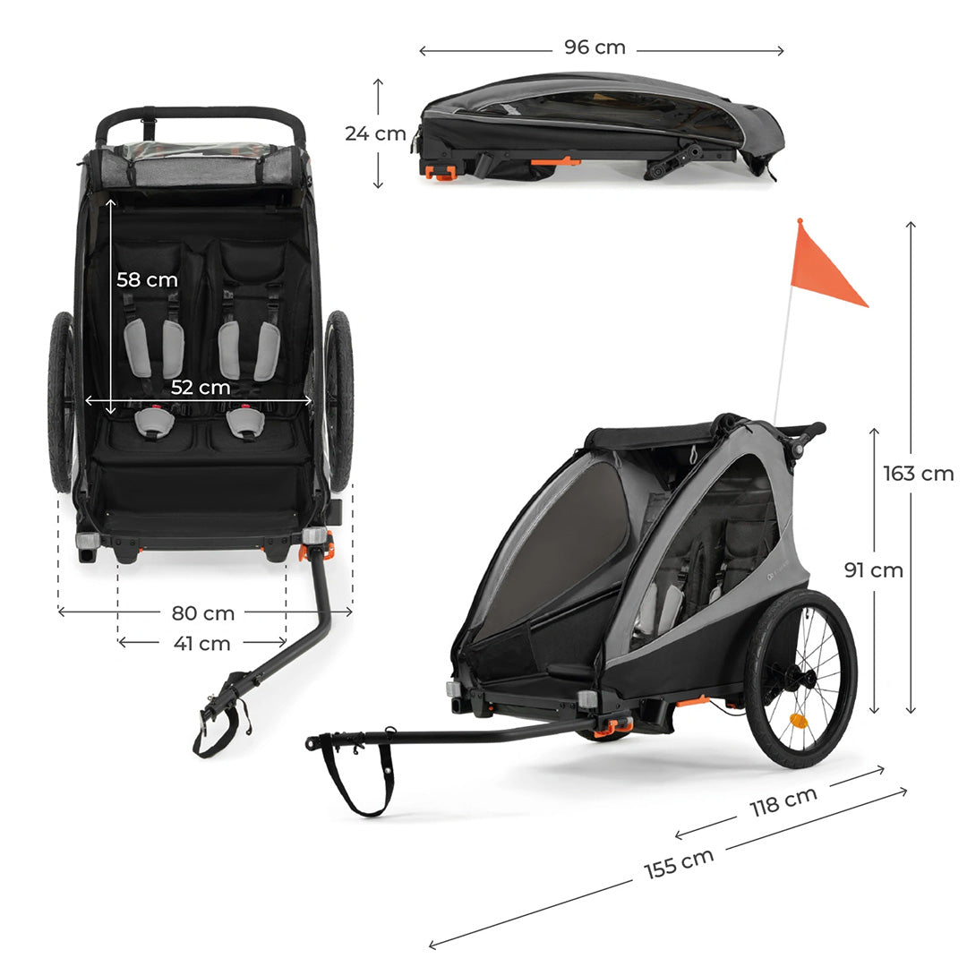 Ficha técnica del Nava Walk 2 en 1 Kinderkraft con las medidas del interior de los asientos y las dimensiones generales en modo remolque