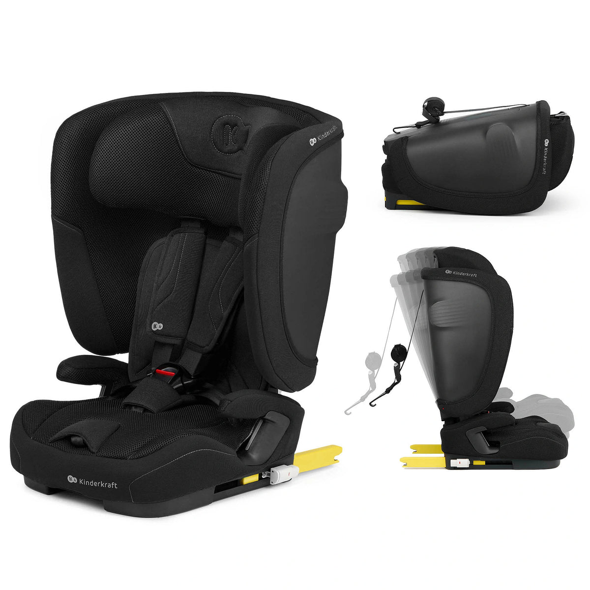 Silla de auto Combinada Fix2Go i-Size Kinderkraft, collage con vista frontal en ángulo, detalle trasero del respaldo ventilado y secuencia superpuesta del respaldo reclinándose en sus 5 posiciones