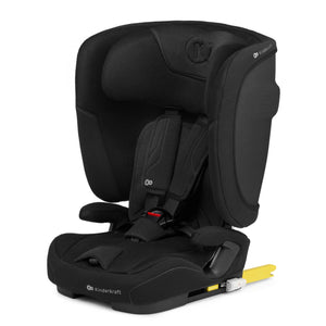 Silla de auto Combinada Fix2Go i-Size Kinderkraft color negro, vista frontal en ángulo con arnés de 5 puntas y conectores isofix amarillos extendidos
