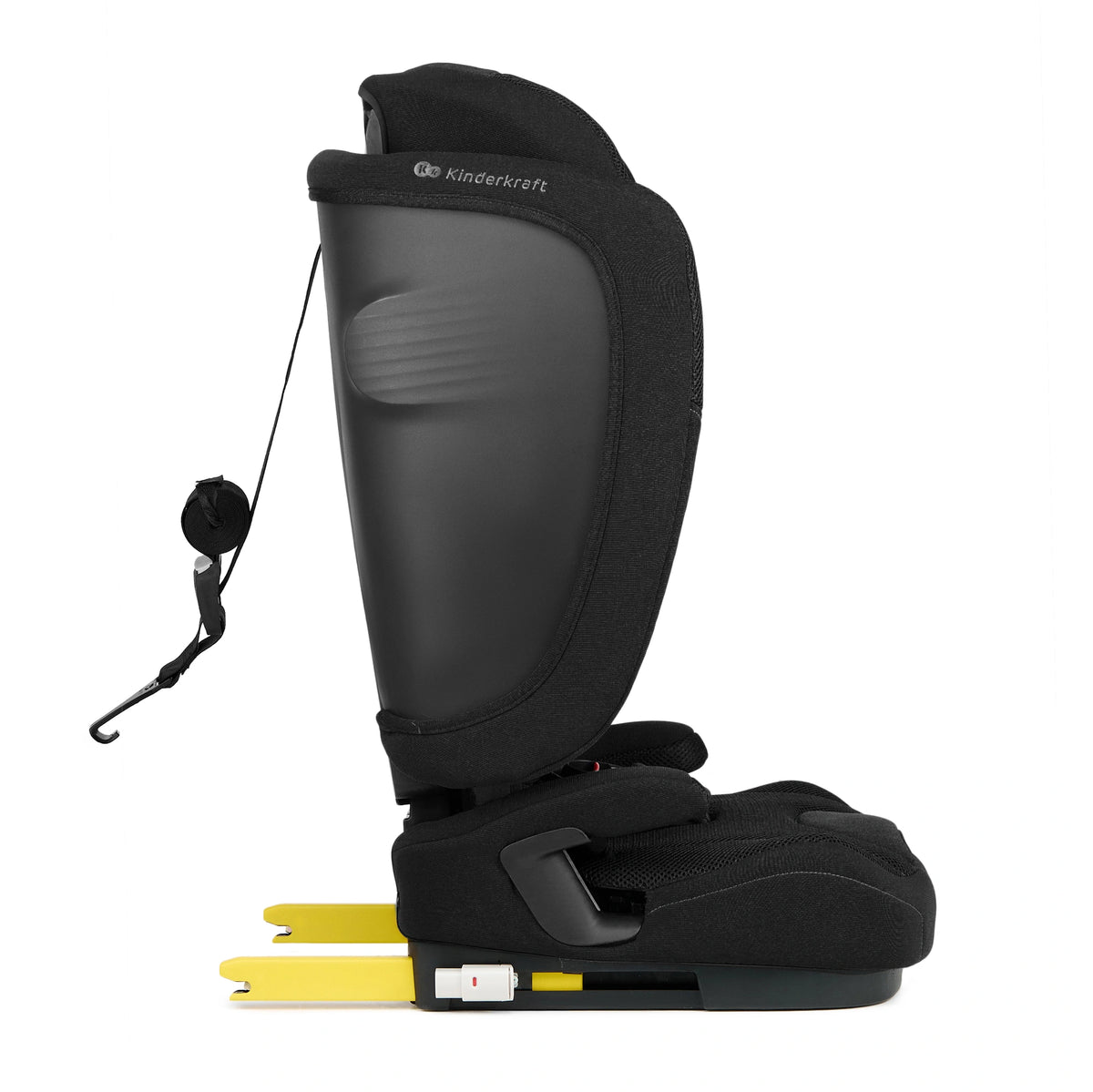 Silla de auto Combinada Fix2Go i-Size Kinderkraft color negro, vista lateral en posición reclinada con los conectores isofix amarillos extendidos y el gancho del Top Tether