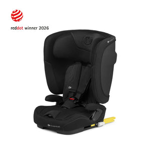 Silla de auto Combinada Fix2Go i-Size Kinderkraft color negro, vista frontal en ángulo con arnés de 5 puntas y conectores isofix amarillos, sello Red Dot Award 2026