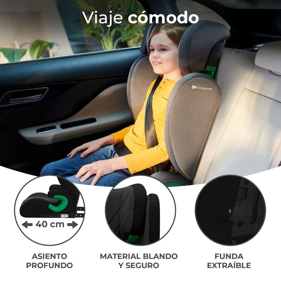 Niña sentada en Silla de auto Butaca JUNIOR FIX 2 i - Size color negro KinderKraft en el asiento trasero de un auto